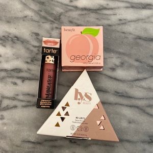 Tarte Maneater lip gloss, Benefit Georgia Blush, and LysBeauty Matte Bronzer